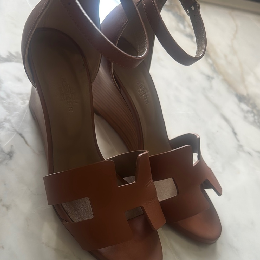 Hermes Tan Wedge Sandals